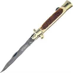 Hen & Rooster 5081DSD Stiletto Kris Damascus Stag Folding Pocket Knife With Deer Stag Handle